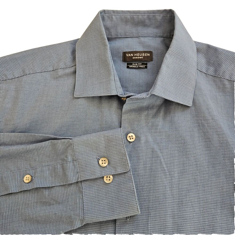 Van Heusen Chrome Shirt Mens 15-15.5 32/33 Blue Micro Check Slim Fit Button-Up